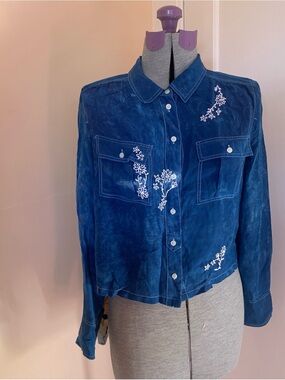 J. Crew Sz S Button Up Shirt Blouse 100% Silk Reworked Indigo Dyed Embroidered
